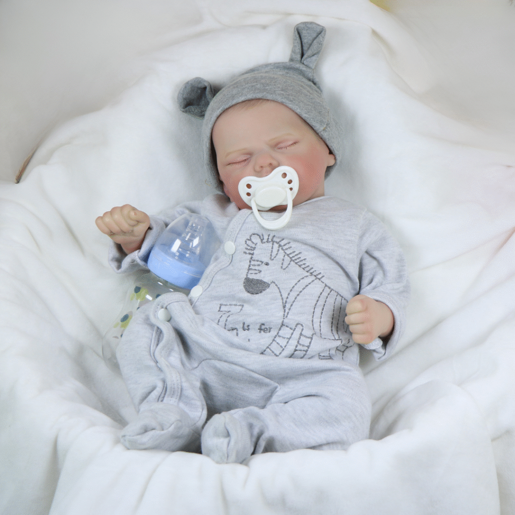 Noah Grey Reborn Baby Boy Doll – 17-Inch Realistic Lifelike Newborn with Weighted Cloth Body, Hand-Painted Details, Magnetic Pacifier & Bottle Gift Set