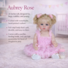 Summary features of Aubrey Rose reborn toddler including 22-inch height, hand-painted realism, full vinyl body, and starter accessories set