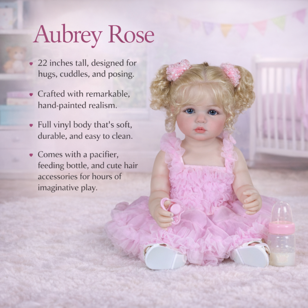 Summary features of Aubrey Rose reborn toddler including 22-inch height, hand-painted realism, full vinyl body, and starter accessories set