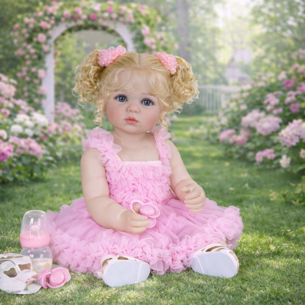 Aubrey Rose reborn toddler girl sitting in a scenic garden wearing a pink princess ruffle dress with blonde curls and blue eyes