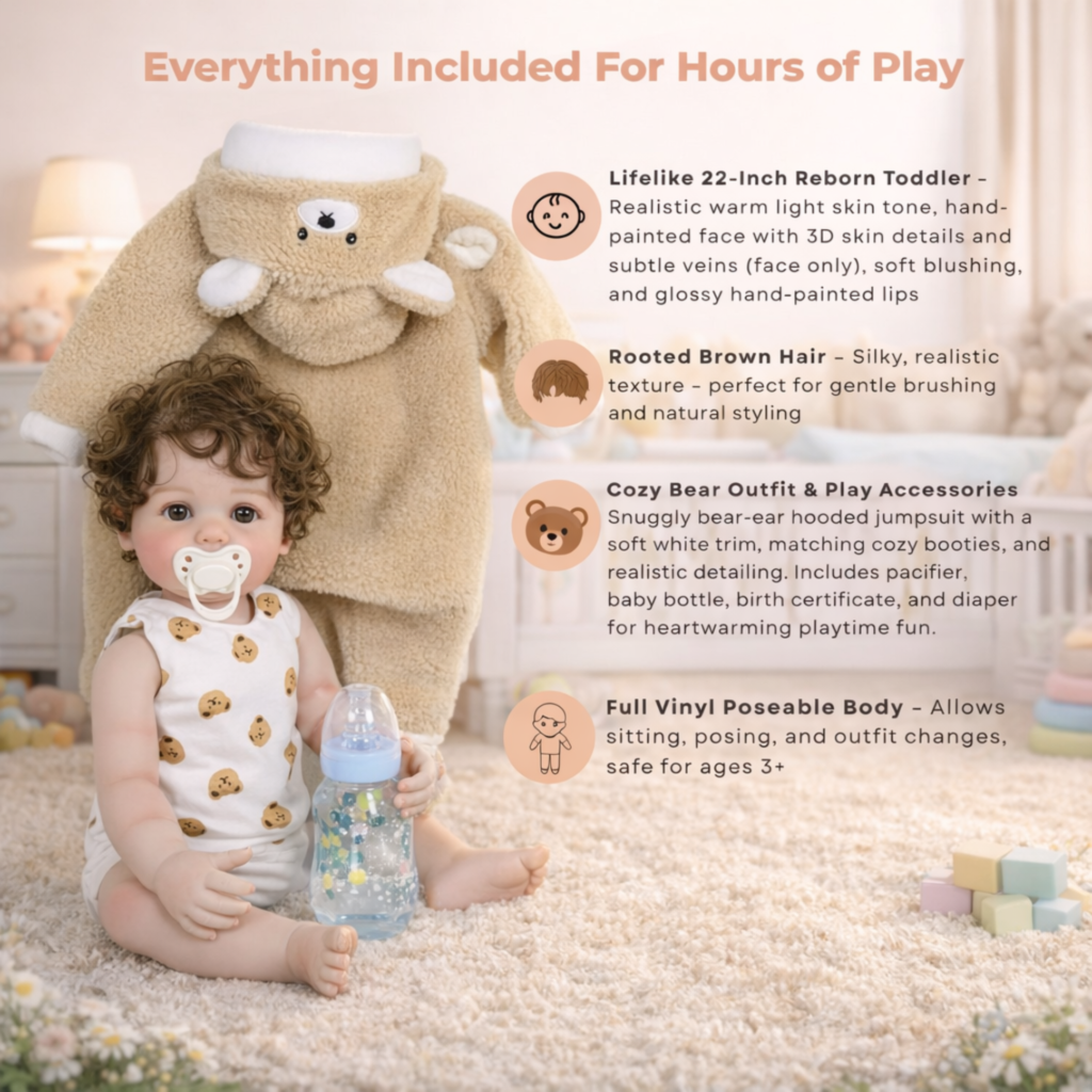 Lifelike Baby Bear Oliver reborn newborn sitting on a cozy rug in a nursery with a teddy bear