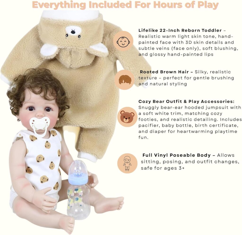 Baby Bear Oliver Reborn Doll – 22-Inch Lifelike Newborn with Bear Outfit