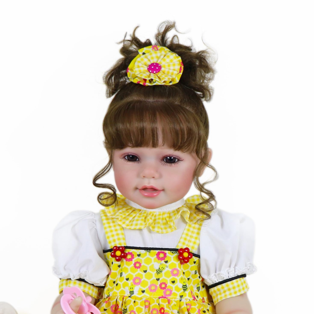 Bella Sunshine reborn toddler showing lifelike 3D hand-painted skin and brown eyes