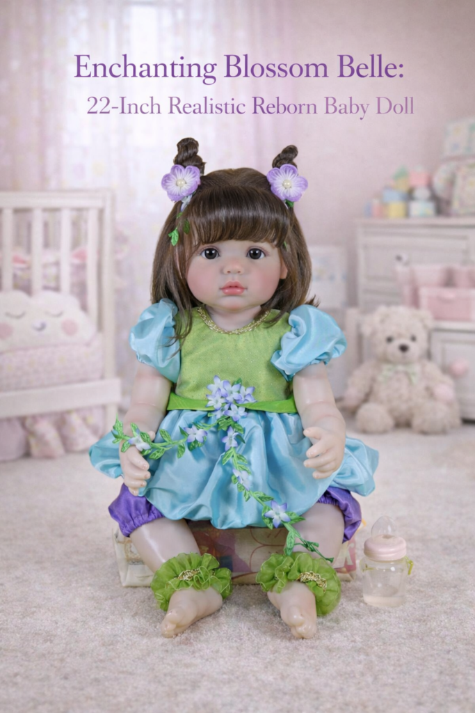 Enchanting Blossom Belle 22-inch realistic reborn baby doll with rooted brunette hair wearing a green and blue floral dress with purple hair clips