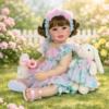 Sweet Bunny Blossom Baby: Stunning 22-inch brown eyed reborn girl sitting in a garden with her plush bunny companion.