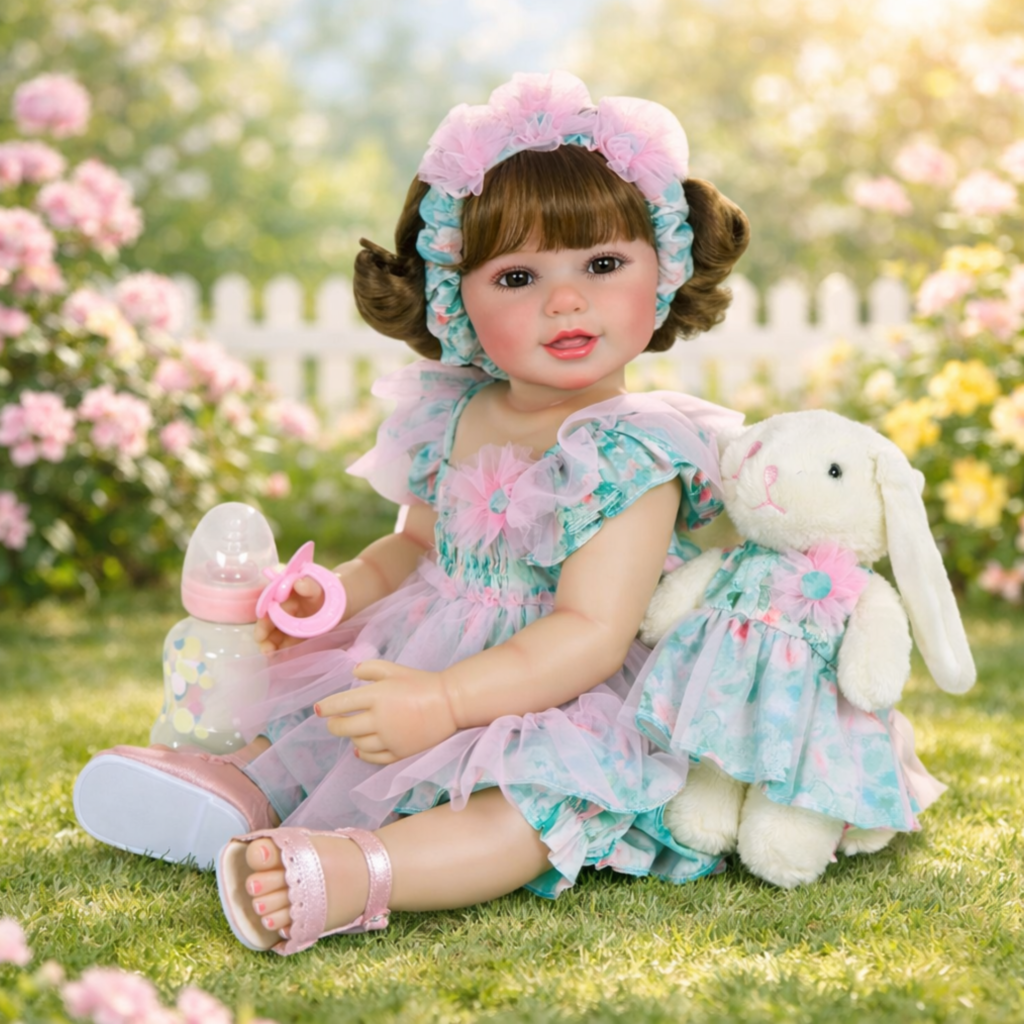 Sweet Bunny Blossom Baby: Stunning 22-inch brown eyed reborn girl sitting in a garden with her plush bunny companion.
