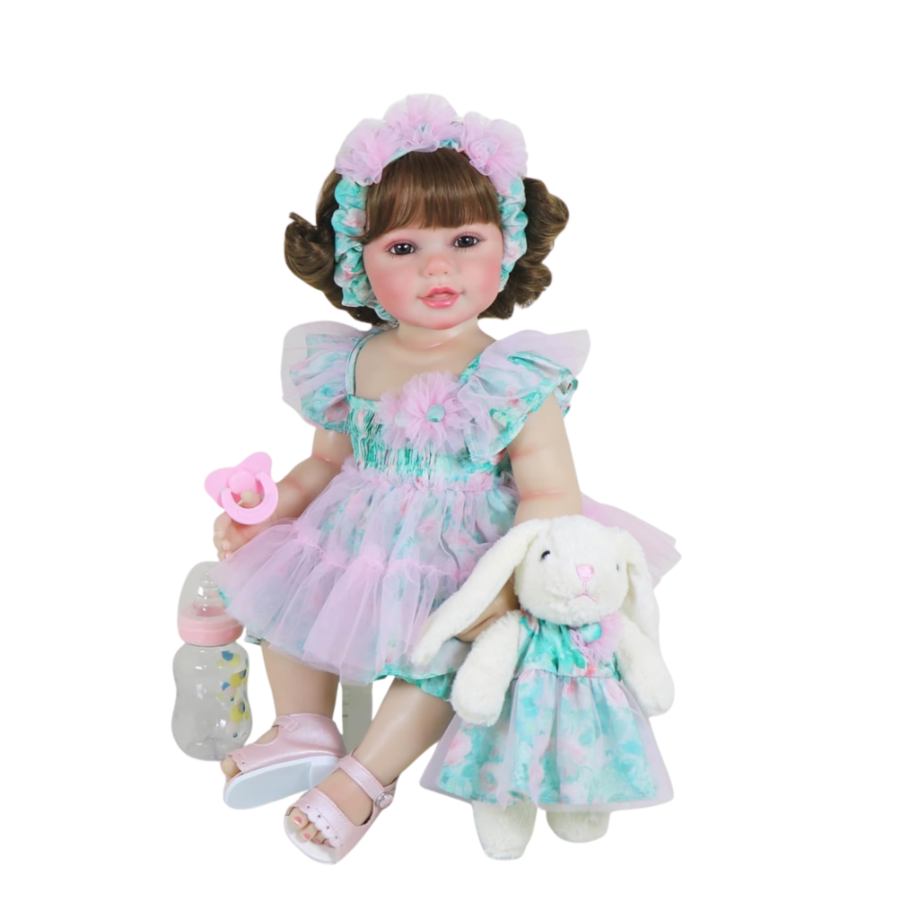 Sweet Bunny Blossom Baby: Stunning lifelike reborn toddler girl with brown eyes in a seated pose with plush toy.