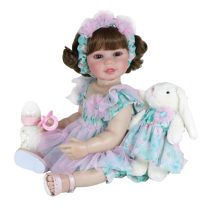 Sweet Bunny Blossom Baby: Stunning 22-inch realistic reborn toddler girl with expressive brown eyes and floral dress.