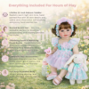Technical specifications and features infographic for Sweet Bunny Blossom Baby 22-inch lifelike reborn toddler.