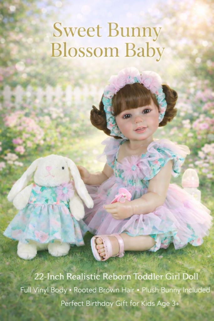 Sweet Bunny Blossom Baby: Stunning 22-inch realistic reborn toddler girl with expressive brown eyes and plush bunny companion.