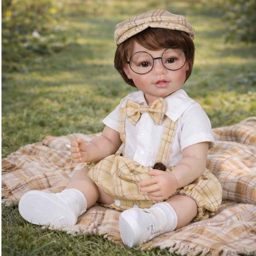 Handsome School Boy Charlie Brooks 22-inch lifelike reborn toddler wearing a plaid cap and bow tie outfit