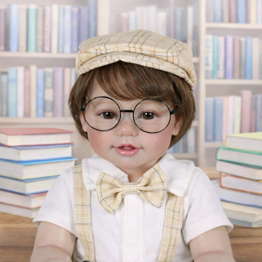 Close up of Handsome School Boy Charlie Brooks realistic reborn toddler with glasses and plaid cap in a library setting