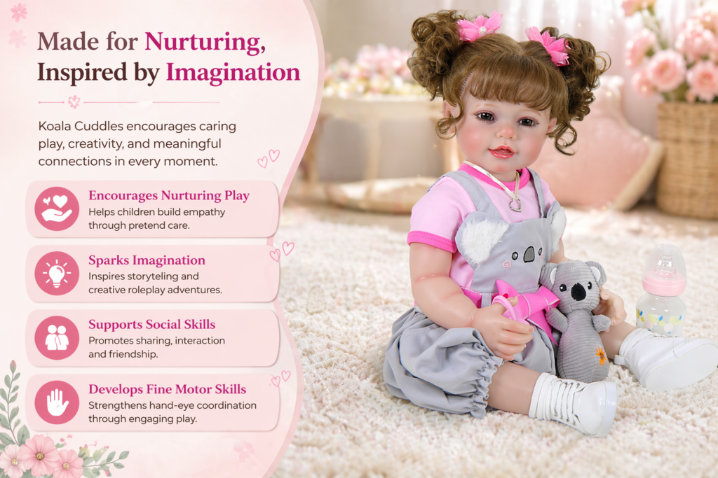 Koala Cuddles reborn baby doll sitting on rug holding koala plush, wearing pink shirt and gray koala outfit in nursery setting