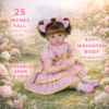 Lila Rose exquisite 25-inch reborn toddler standing in a pink plaid party dress.