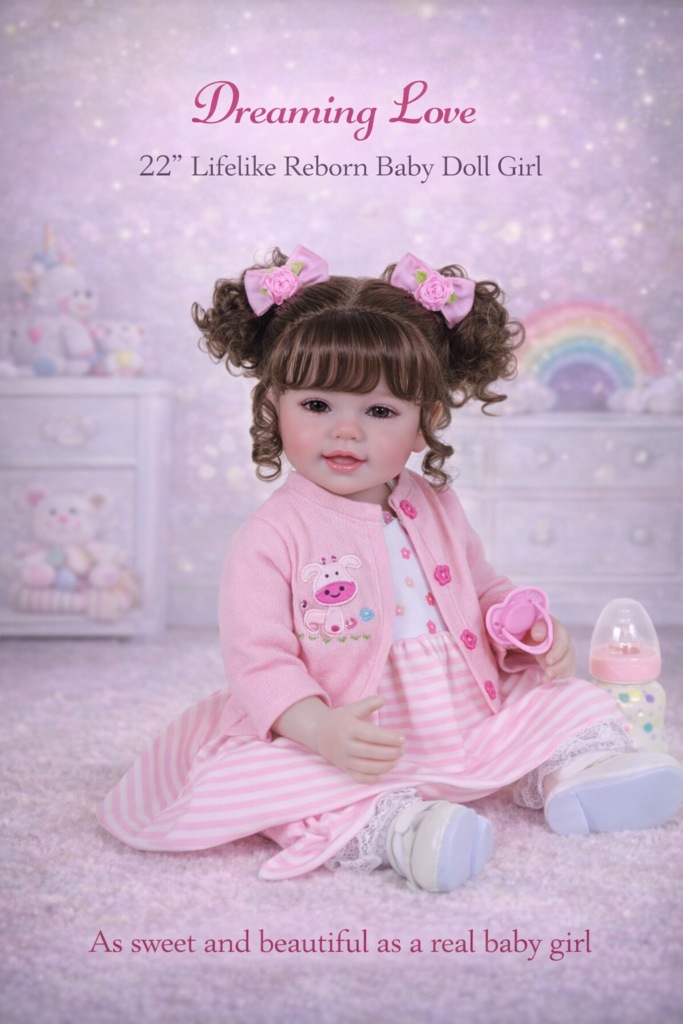 Breathtaking Dreaming Love 22-inch realistic reborn toddler girl doll with full vinyl body in a pink striped dress and cardigan