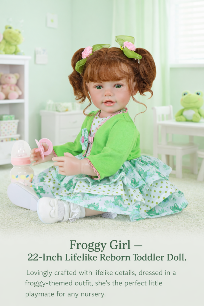 Froggy Girl 22-inch lifelike reborn toddler doll with expressive green eyes and rooted red hair wearing a green bolero jacket