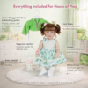 Froggy Girl 22-inch reborn toddler doll set featuring green frog-print dress matching jacket magnetic pacifier baby bottle and hair bows
