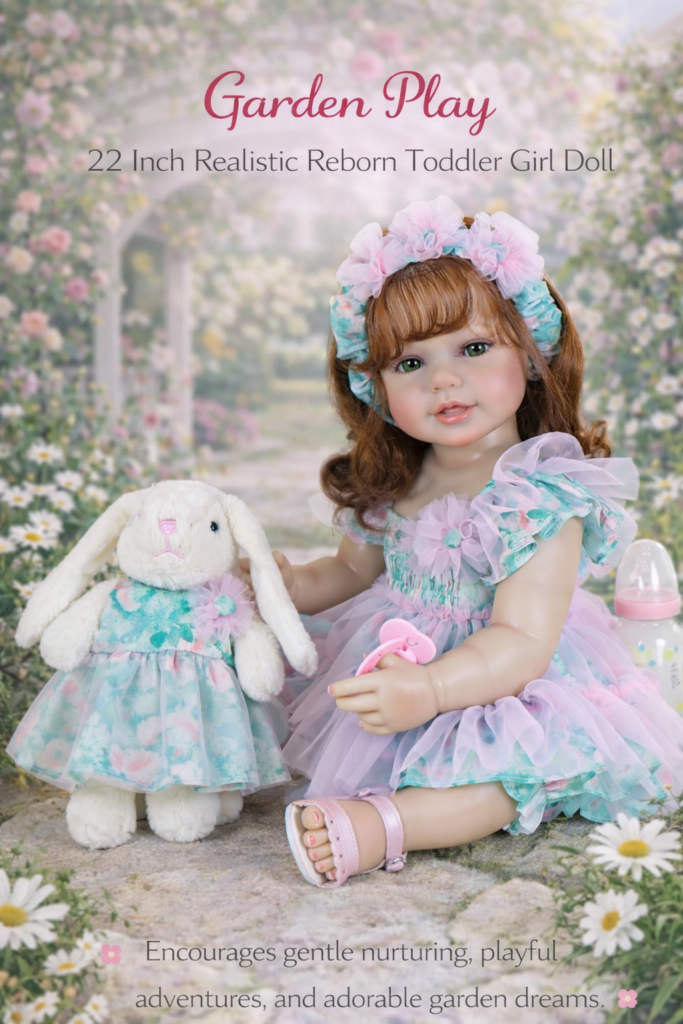 Enchanting Garden Play 22-inch realistic reborn toddler girl doll with rooted red hair and green eyes sitting in a garden with a plush bunny companion