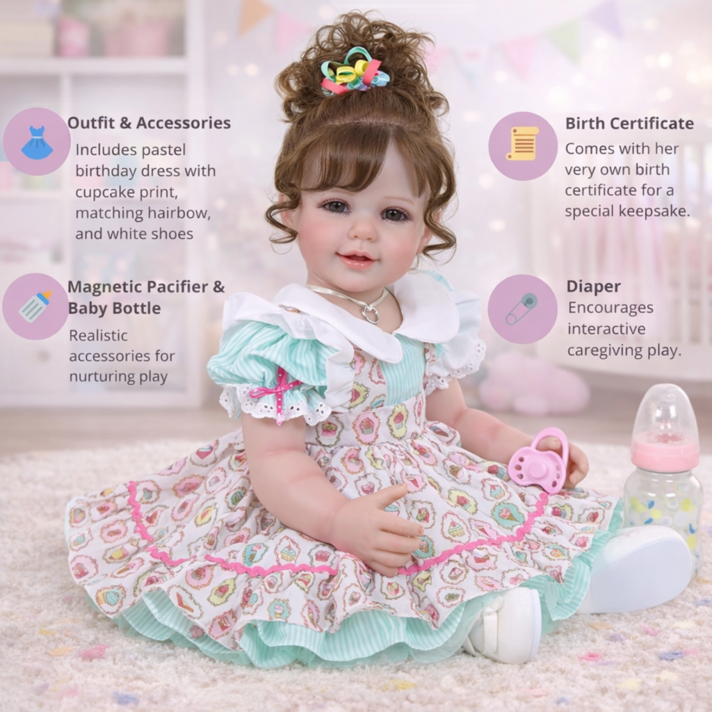 Festive Happy Birthday Girl reborn toddler features including hand-rooted brown hair expressive eyes 3D hand-painted face details and full soft vinyl body
