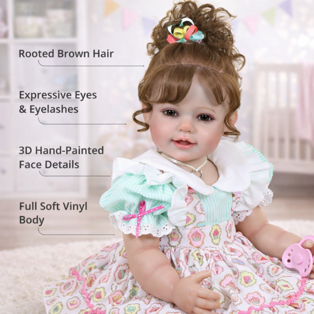 Festive Happy Birthday Girl 22-inch realistic reborn toddler in a mint and pink cupcake party dress sitting in a floral nursery setting with baby bottle