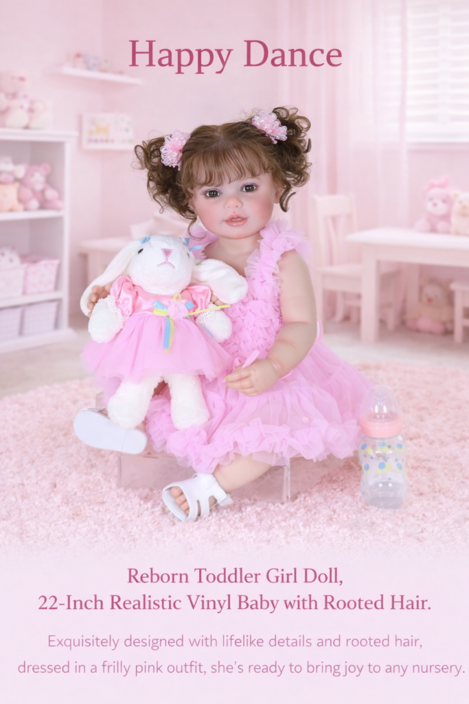 Happy Dance 22-inch reborn toddler girl doll with rooted brown pigtails and a plush white bunny, sitting in a pink nursery wearing a ruffled pink tutu dress.