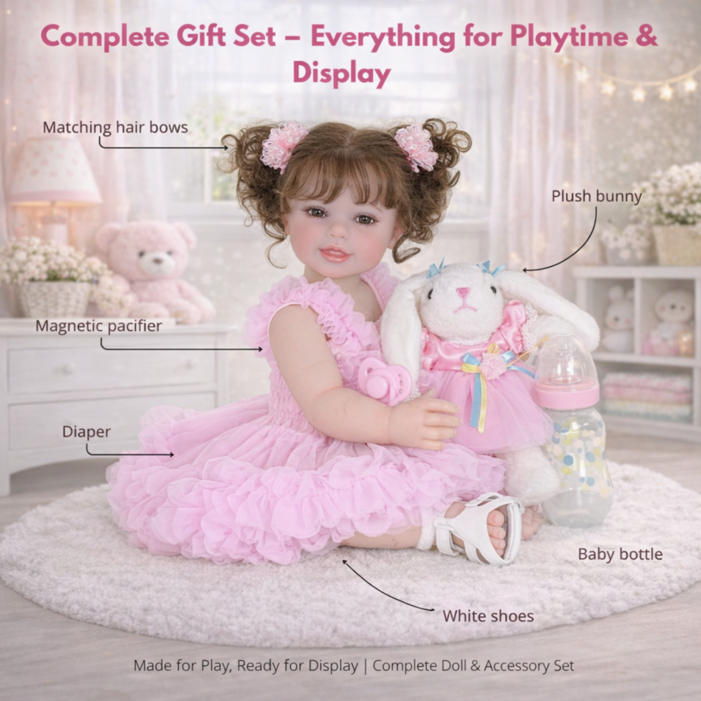 Happy Dance 22-inch reborn doll set including magnetic pacifier baby bottle plush bunny and birth certificate