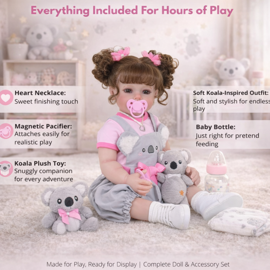 Sweet Koala Cuddles reborn toddler girl accessory set including heart necklace magnetic pacifier plush koala toy and baby bottle