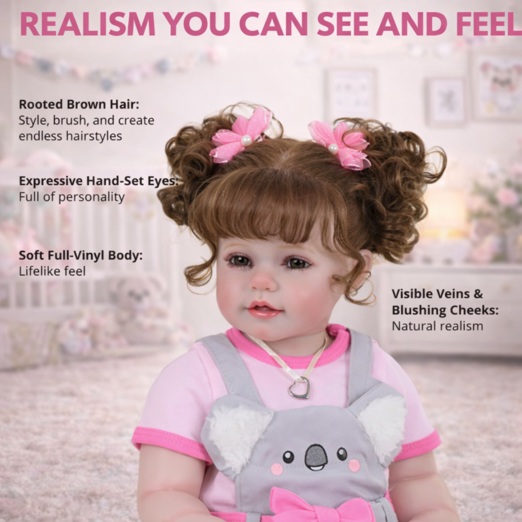 Sweet Koala Cuddles realistic reborn toddler girl features graphic showing 3D painted skin visible veins blushing and rooted brown hair