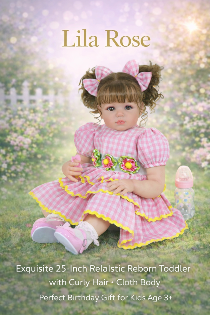 Lila Rose exquisite 25-inch realistic reborn toddler with curly hair and cloth body in a pink plaid party dress.