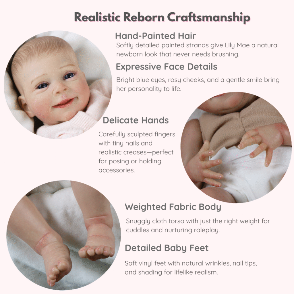 Lily Mae Reborn Baby Doll – 18-Inch Realistic Newborn with Weighted Fabric Body and Hand-Painted Hair