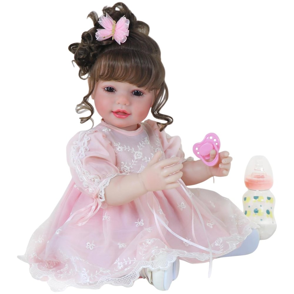 Princess Butterfly Reborn Toddler Doll – 22-Inch Lifelike Brown-Haired Beauty in Pink Lace Dress
