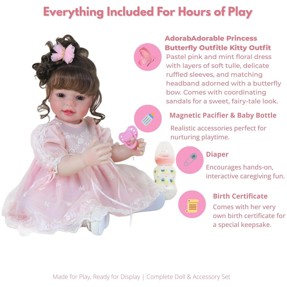 Princess Butterfly Reborn Toddler Doll – 22-Inch Lifelike Brown-Haired Beauty in Pink Lace Dress