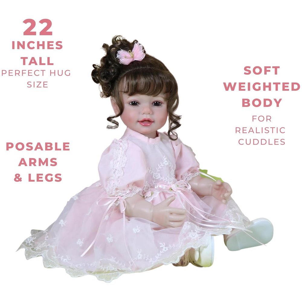 Princess Butterfly Reborn Toddler Doll – 22-Inch Lifelike Brown-Haired Beauty in Pink Lace Dress
