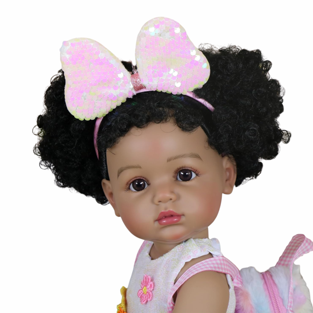 Hand-painted 3D facial details and rooted curly hair of Play Day Amaya lifelike African American doll with floral headband