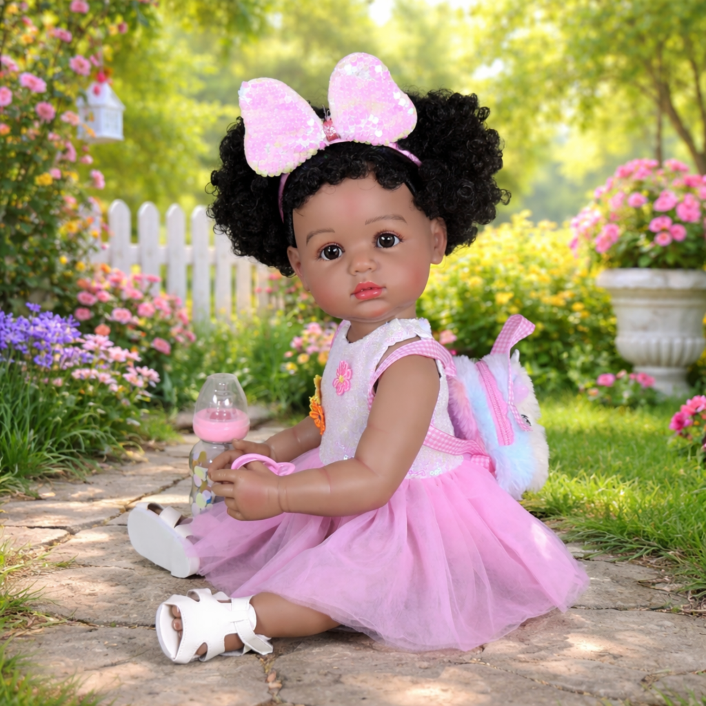 Poseable full vinyl body of Play Day Amaya 22-inch realistic toddler girl sitting in a garden setting