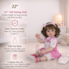 Charming Purrfect Kitty Playtime 22-inch reborn toddler infographic showing US safety certified status full vinyl body and complete play set with pink sandals