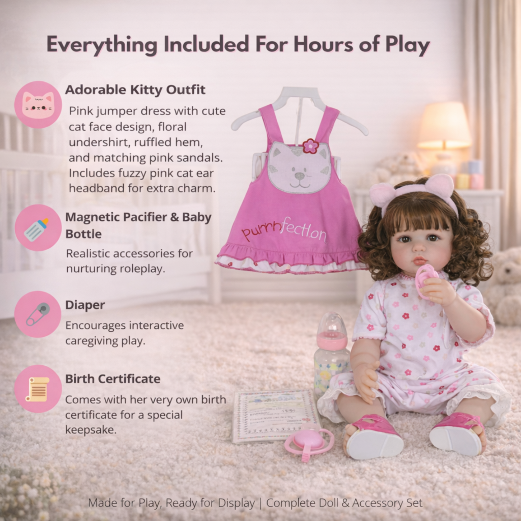 Charming Purrfect Kitty Playtime 22-inch reborn toddler complete gift set including pink kitty jumper dress magnetic pacifier baby bottle diaper and birth certificate