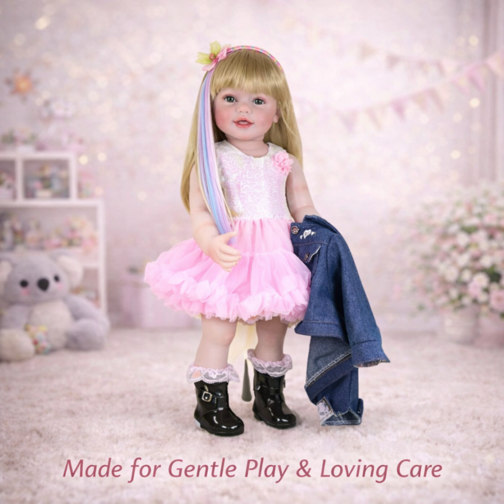 Enchanting Rainbow Dreams 22-inch reborn toddler standing in a bedroom wearing a sequined pink tutu dress and black boots holding a denim jacket