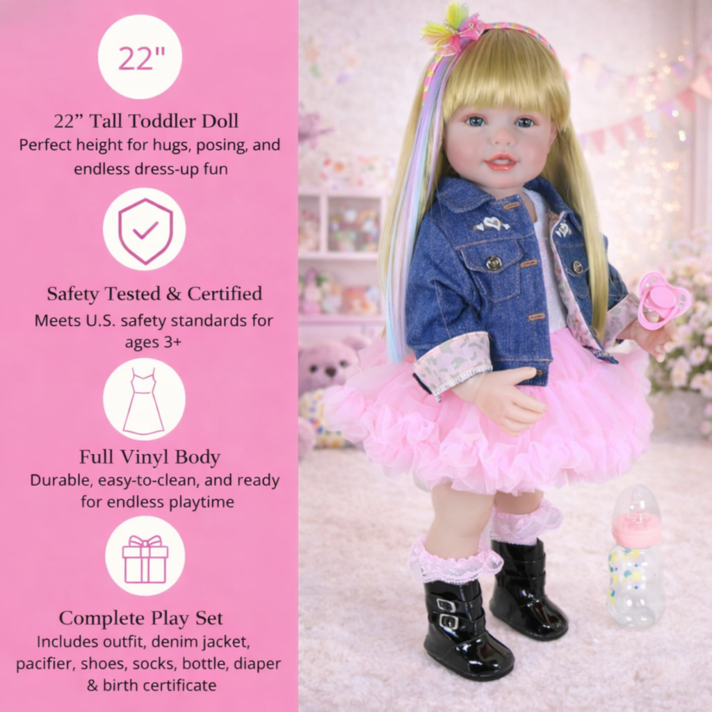 Enchanting Rainbow Dreams 22-inch reborn toddler infographic showing US safety certified status full vinyl body and complete play set with black boots