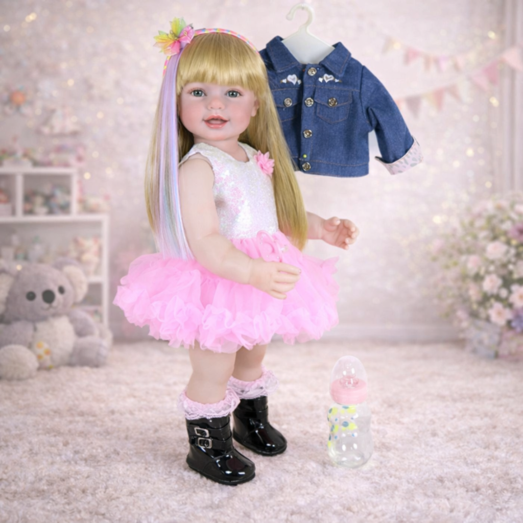 Enchanting Rainbow Dreams 22-inch reborn toddler standing in a bedroom wearing a pink tutu dress black boots and rainbow hair highlights with her denim jacket on a hanger