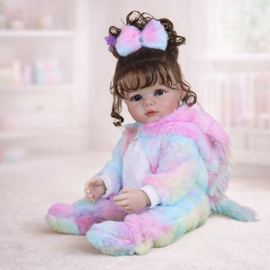 Enchanting Rainbow Unicorn Baby reborn toddler close-up featuring realistic hand-set eyes hand-painted 3D skin and soft rooted brown hair with styled bangs