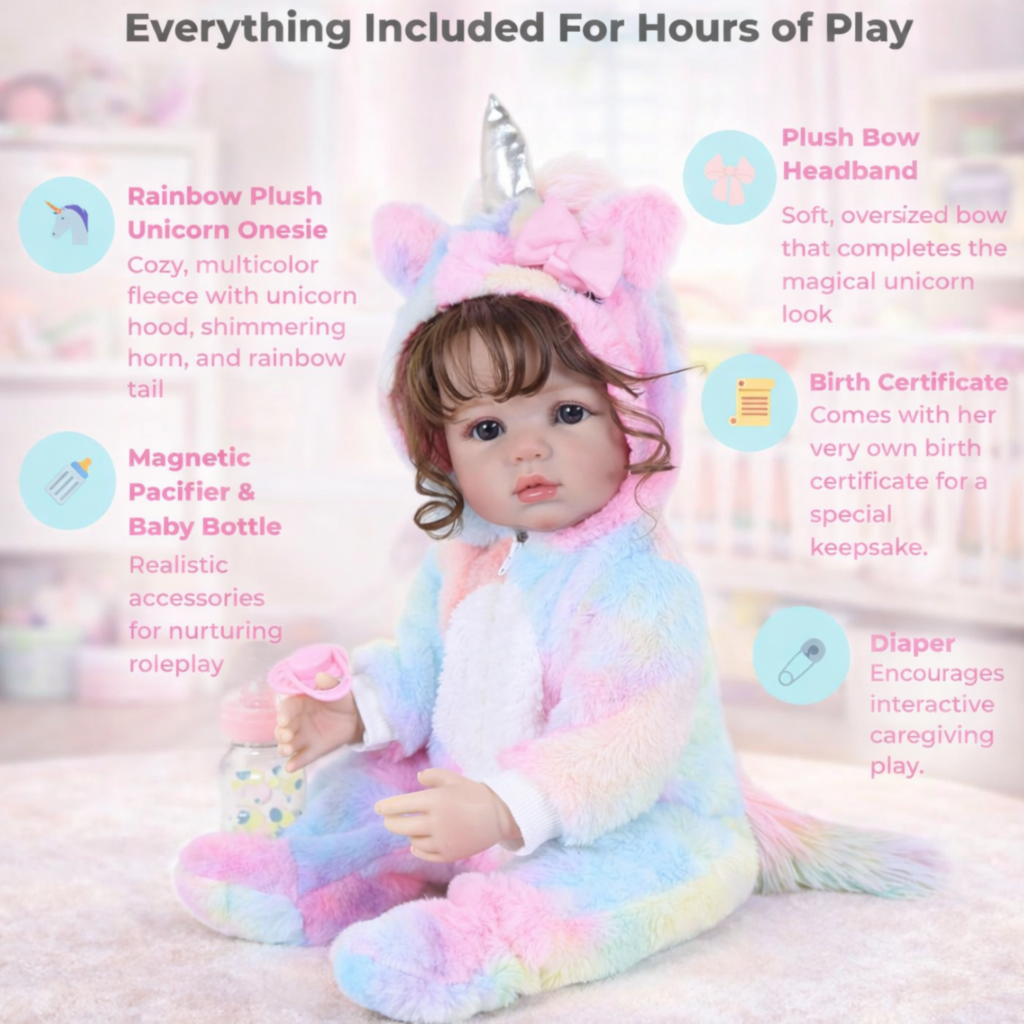 Enchanting Rainbow Unicorn Baby 22-inch reborn toddler complete gift set including plush rainbow unicorn onesie magnetic pacifier baby bottle and diaper