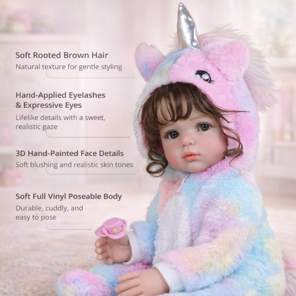 Enchanting Rainbow Unicorn Baby 22-inch reborn toddler infographic featuring 3D hand-painted face rooted hair and full vinyl poseable body