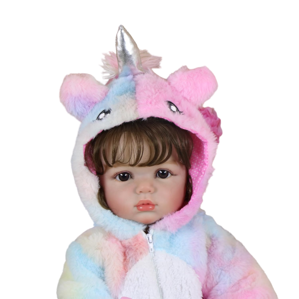 Enchanting Rainbow Unicorn Baby reborn toddler close-up featuring realistic hand-set eyes hand-painted 3D skin and soft rooted brown hair with styled bangs