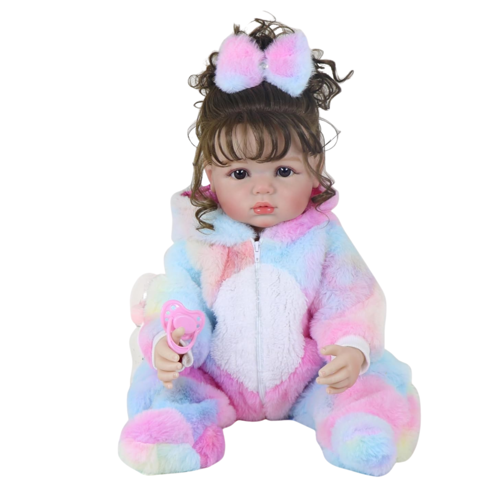 Enchanting Rainbow Unicorn Baby reborn toddler close-up featuring realistic hand-set eyes hand-painted 3D skin and soft rooted brown hair with styled bangs