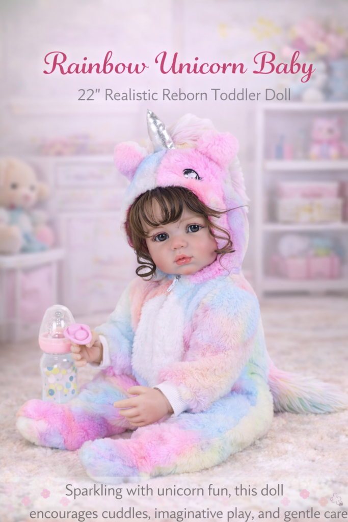 Enchanting Rainbow Unicorn Baby 22-inch reborn toddler doll wearing a plush rainbow unicorn onesie with a silver horn and matching accessories
