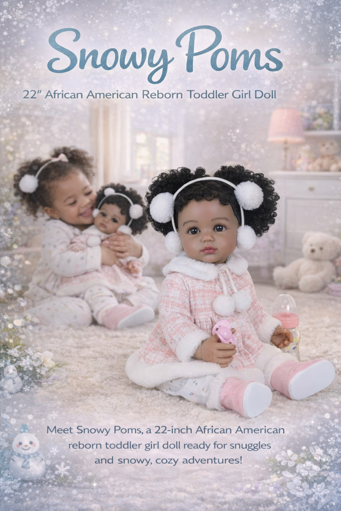 Snowy Poms captivating 22-inch African American reborn toddler girl with full vinyl body in pink winter coat