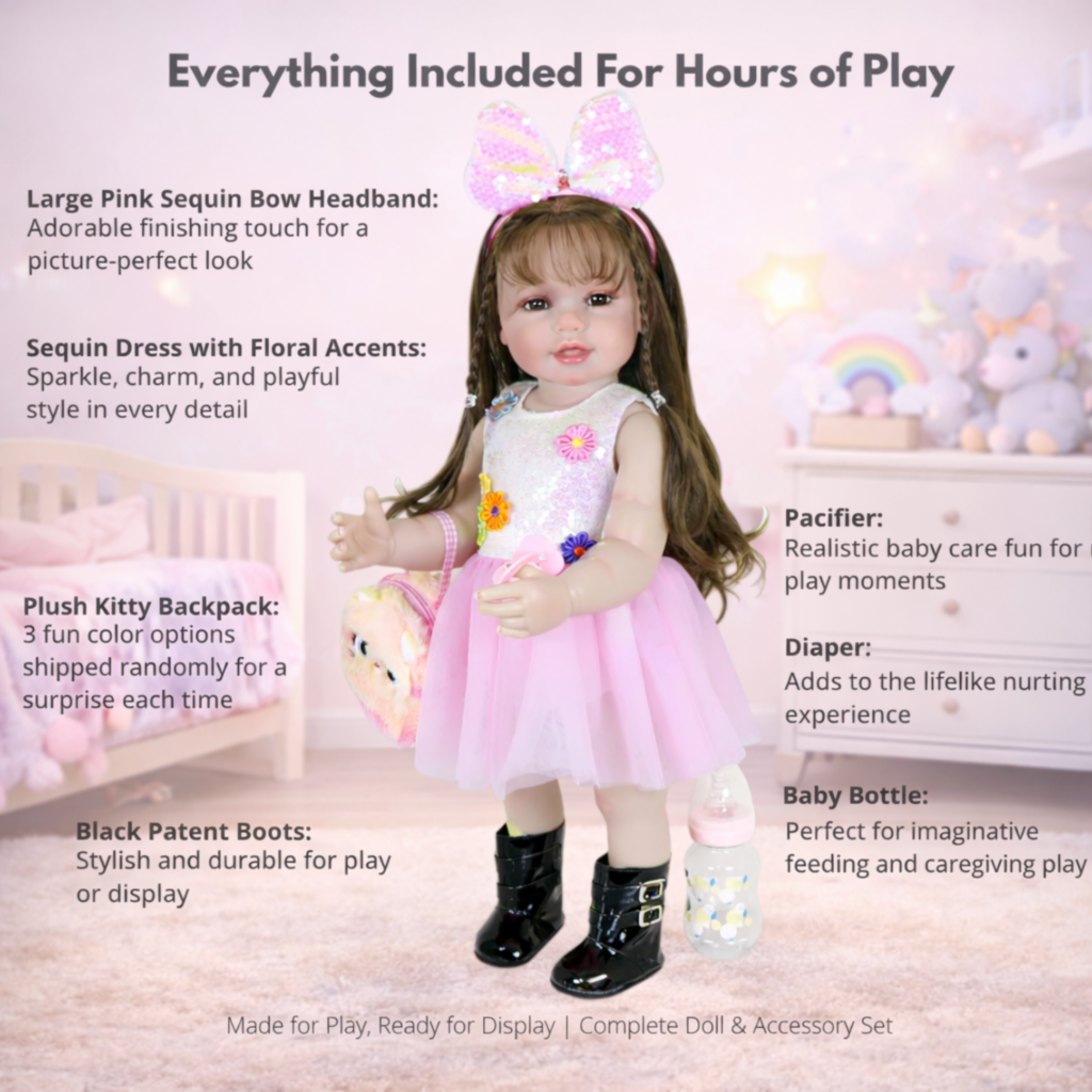Sundays Best 22-inch lifelike doll with accessory set including sequin bow and boots