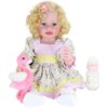 Radiant Sunny Flamingo Girl 22-inch reborn toddler featuring rooted blonde curls expressive blue eyes and a pink floral party dress