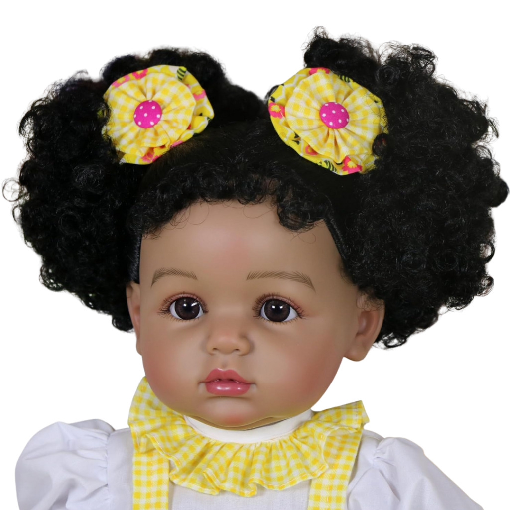 Hand-painted 3D skin details and curly hair of Sunny Mae 22-inch African American lifelike doll
